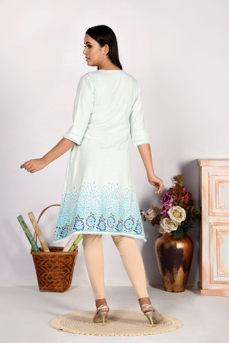 Aqua Mint Cotton Printed & Embroidered Kurti