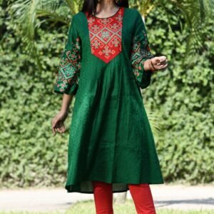 Green Jacquard Cotton Printed Kurti