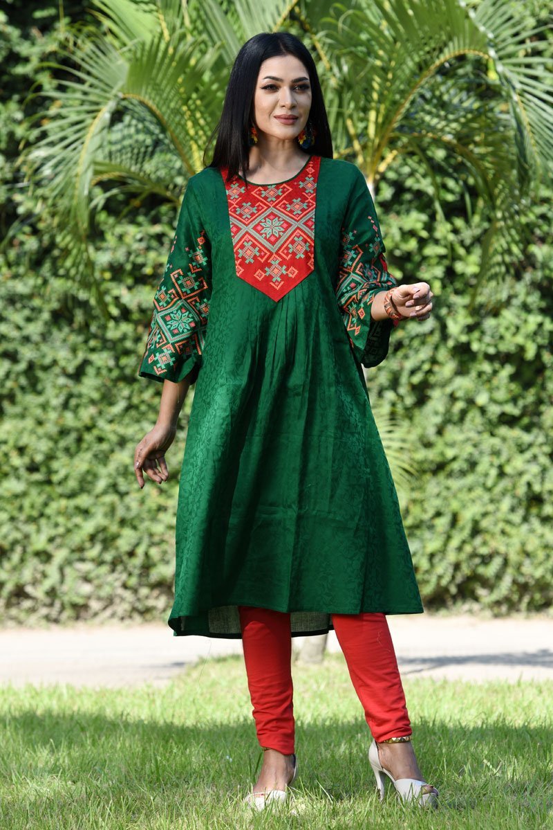 Green Jacquard Cotton Printed Kurti