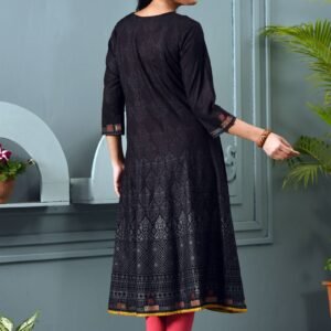 Black Cotton Printed & Embroidered Kurti