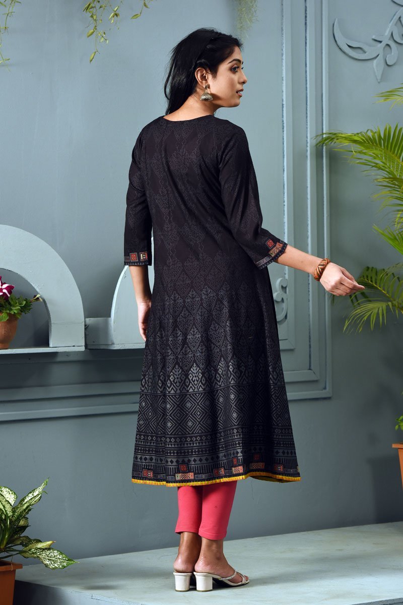 Black Cotton Printed & Embroidered Kurti