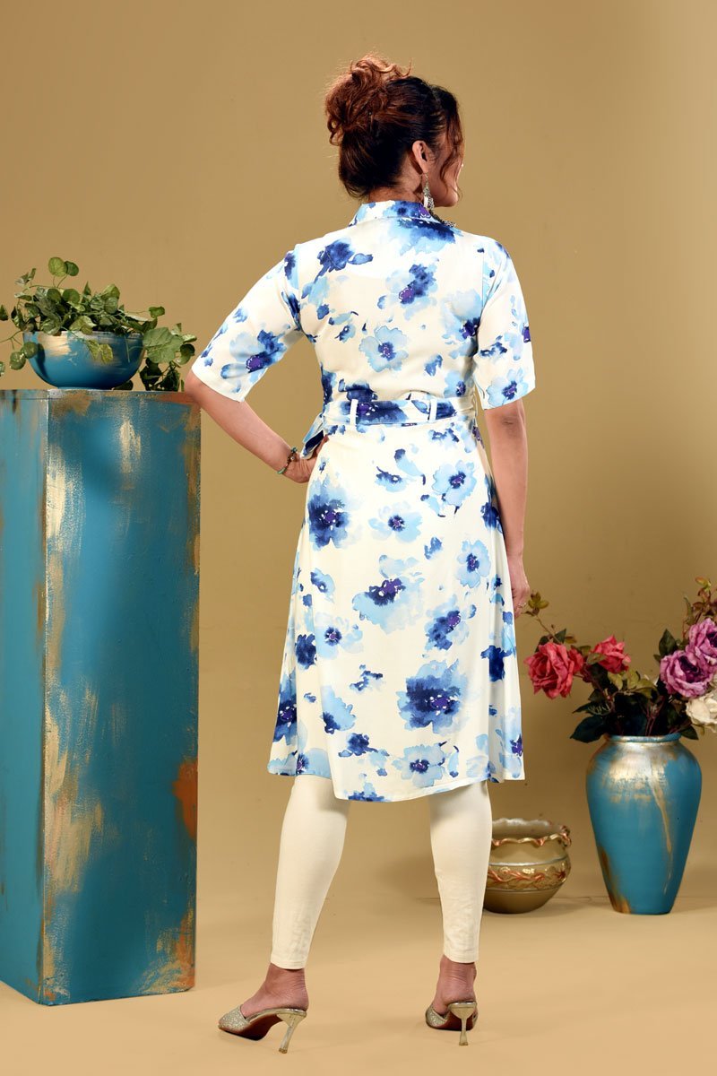 Blue & White Colour Linen Printed Tunic