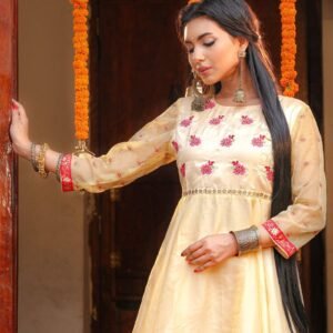 Pale Golden Silk Printed & Embroidered Top Comes with Red Linen Palazzo