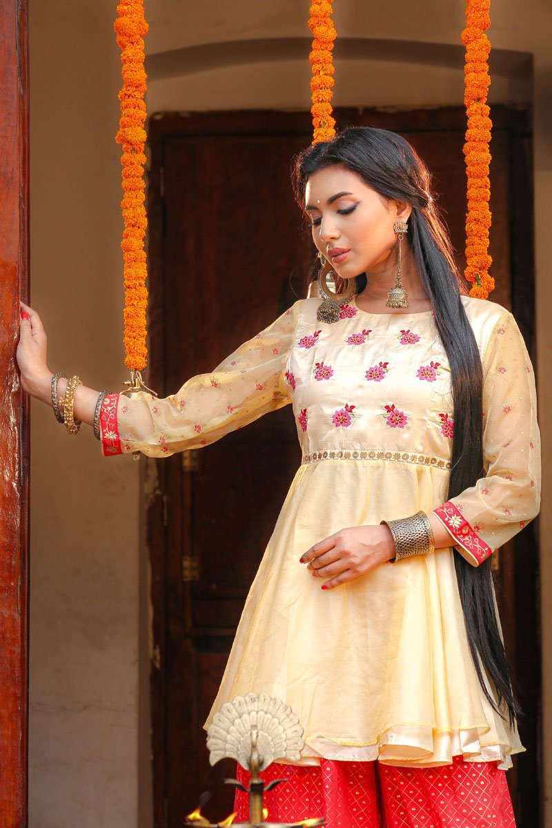 Pale Golden Silk Printed & Embroidered Top Comes with Red Linen Palazzo