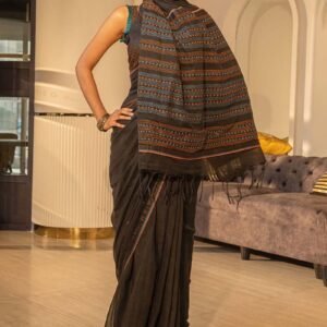 Black Cotton Hand Embroidered Saree