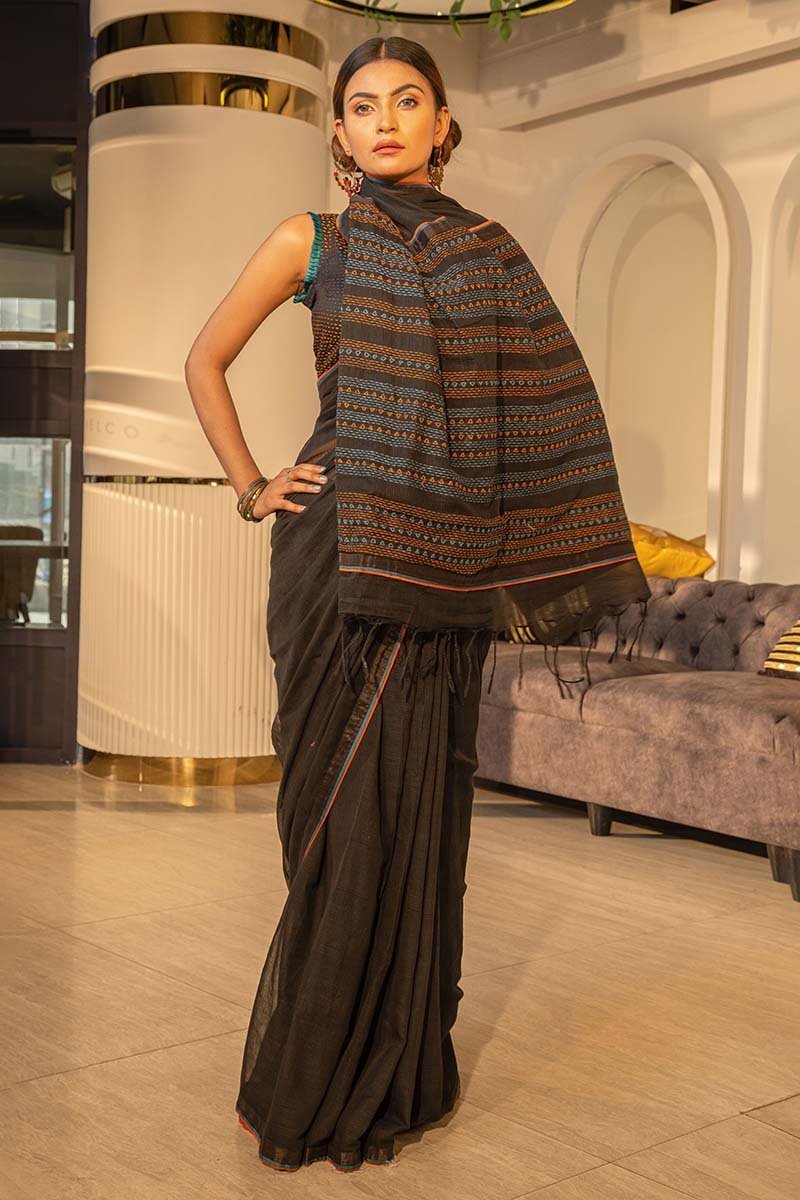 Black Cotton Hand Embroidered Saree