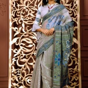 Grey Half Silk Printed & Hand Embroidered Saree