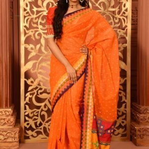 Orange Half Silk Printed & Embroidered Saree