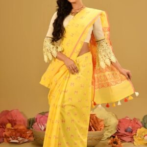 Pastel Yellow Half Silk Printed Saree