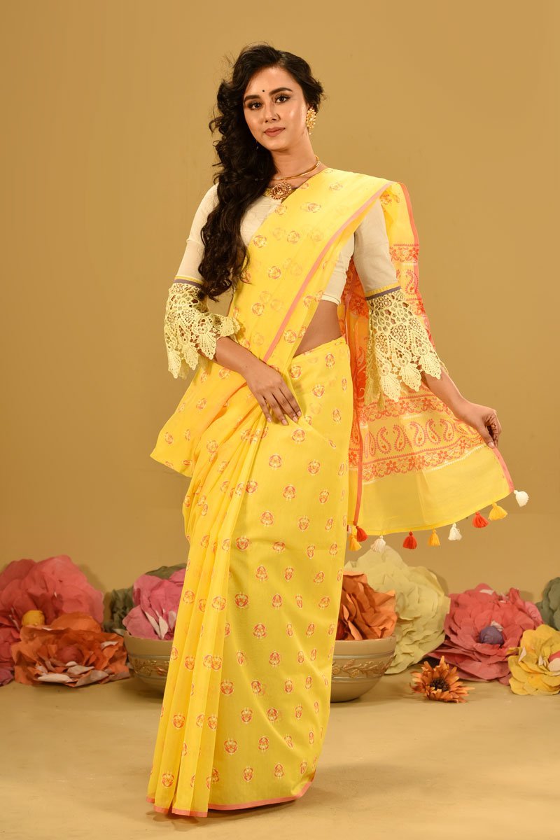 Pastel Yellow Half Silk Printed Saree