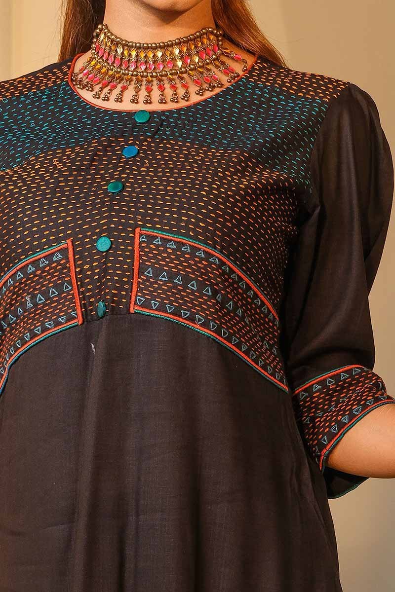 Black Cotton Printed & Hand Embroidered Salwar Kameez Set