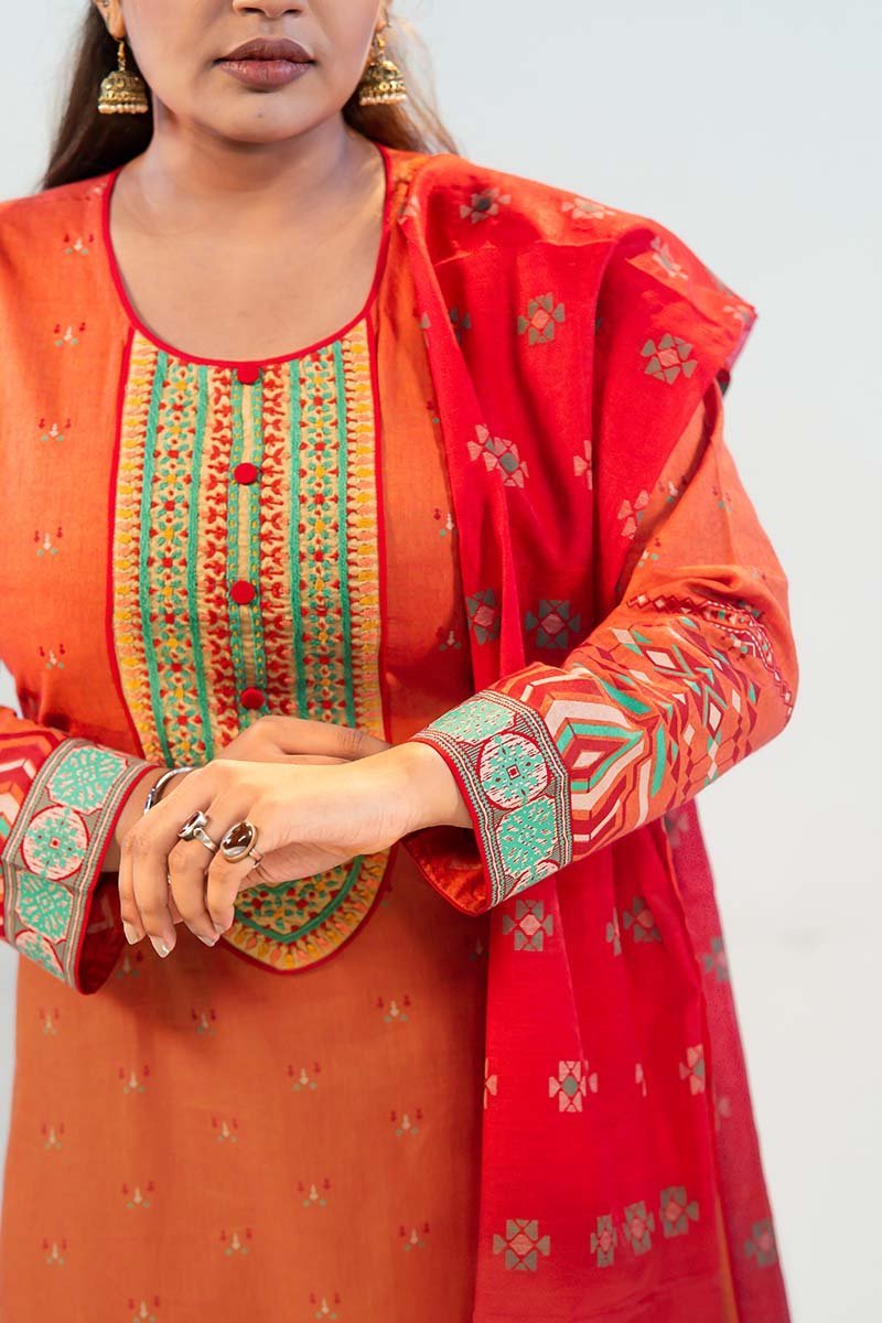 Brick Red Cotton Printed & Hand Embroidered Salwar Kameez Set