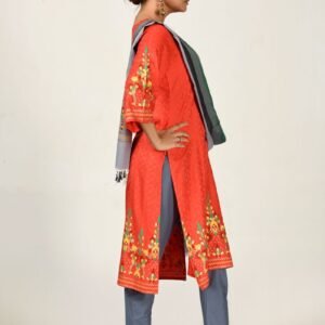 Crimson Red Jacquard Cotton Printed & Hand Embroidered Salwar Kameez Set