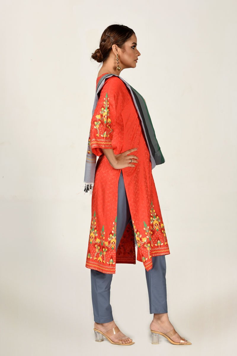 Crimson Red Jacquard Cotton Printed & Hand Embroidered Salwar Kameez Set