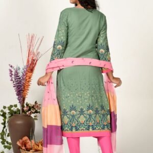 Jade Green Jacquard Cotton Printed & Hand Embroidered Salwar Kameez Set