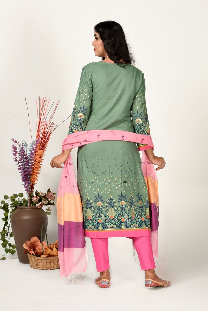 Jade Green Jacquard Cotton Printed & Hand Embroidered Salwar Kameez Set