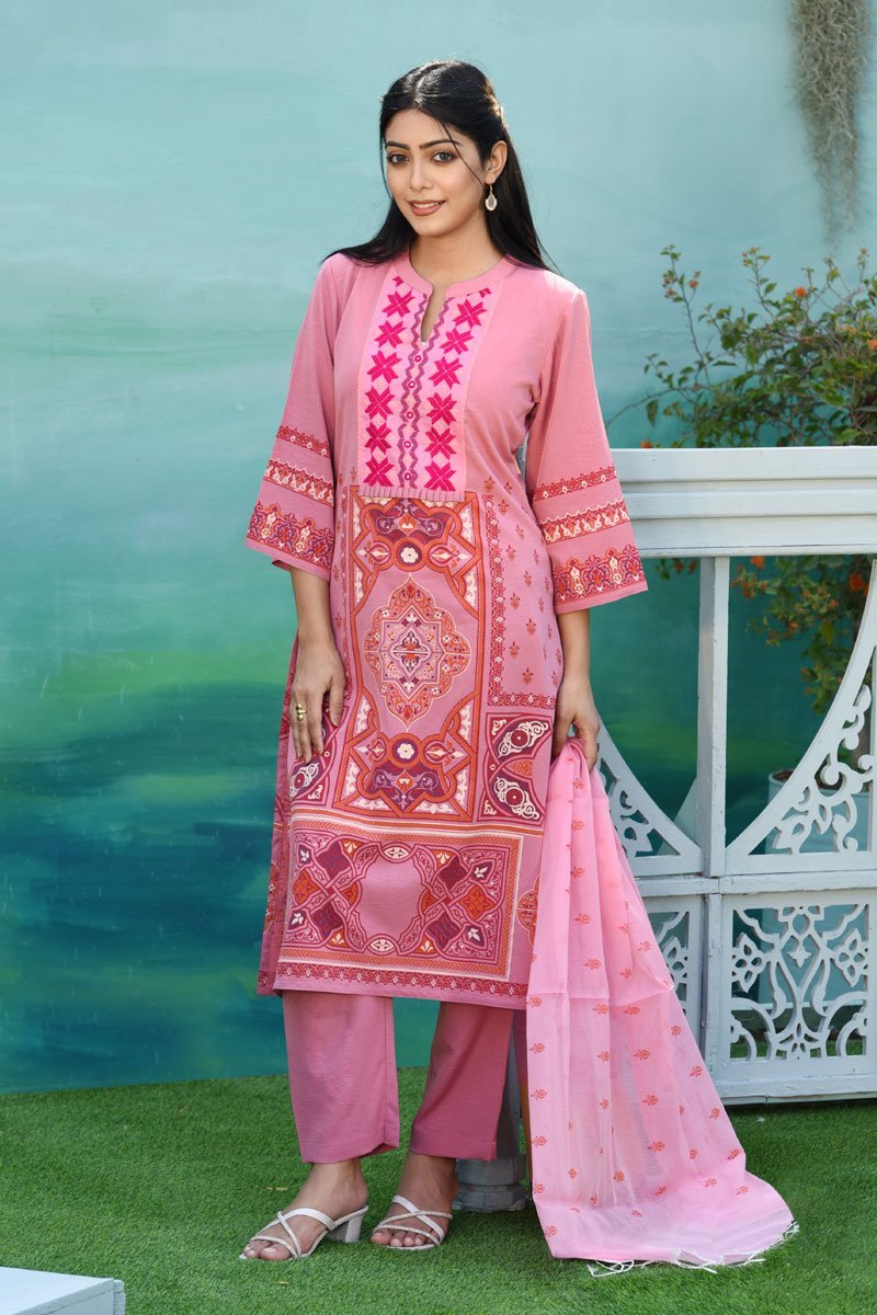 Mauve Pink Georgette Printed & Hand Embroidered Salwar Kameez Set