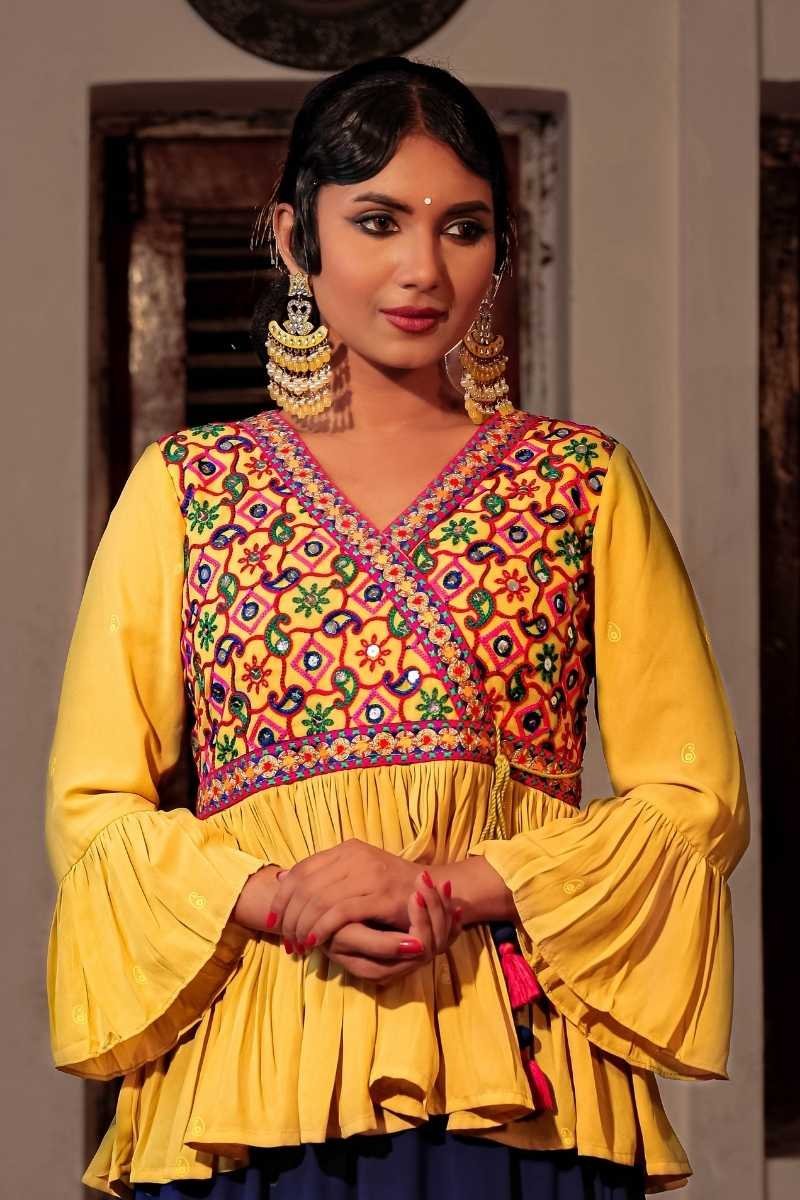 Yellow Georgette Embroidered Top with Skirt