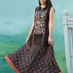 Black Georgette Printed & Hand Embroidered Top with Skirt