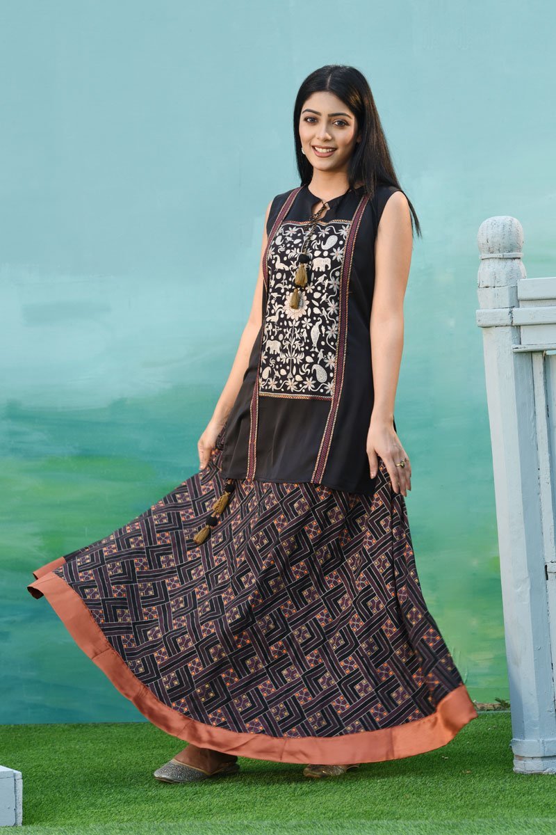 Black Georgette Printed & Hand Embroidered Top with Skirt