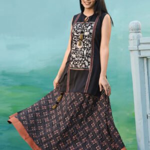 Black Georgette Printed & Hand Embroidered Top with Skirt