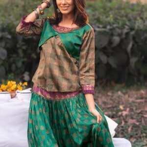 Calypso Green Silk Printed & Embroidered Top with Skirt