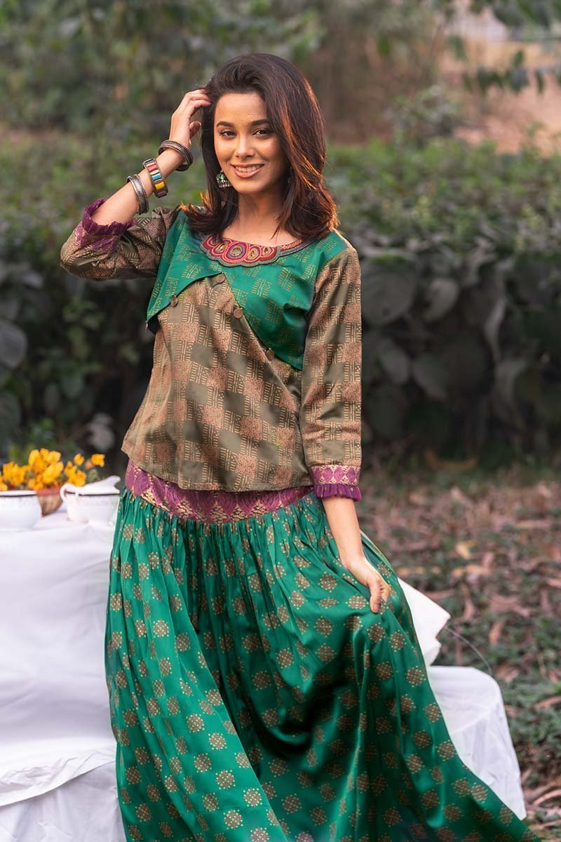 Calypso Green Silk Printed & Embroidered Top with Skirt