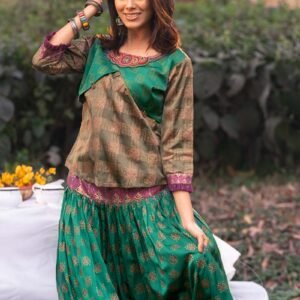 Calypso Green Silk Printed & Embroidered Top with Skirt
