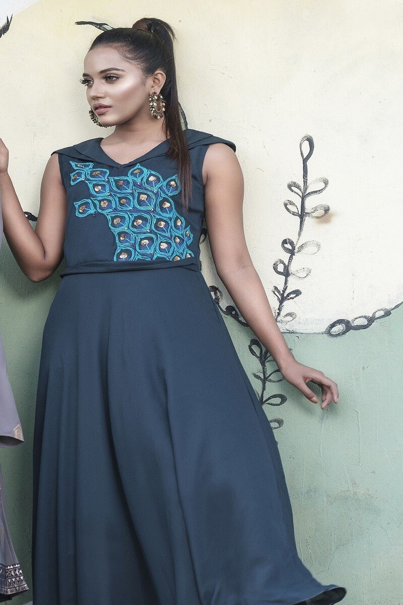 Blue Georgette Embroidered & Karchupi Ornamented Gown