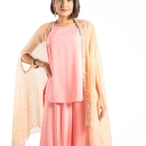 Pink Georgette Printed & Karchupi Ornamented Top with Palazzo