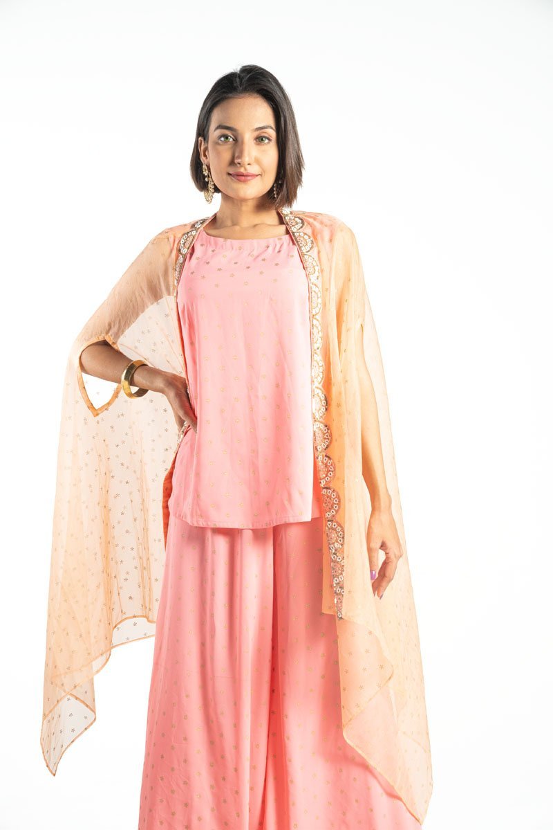 Pink Georgette Printed & Karchupi Ornamented Top with Palazzo