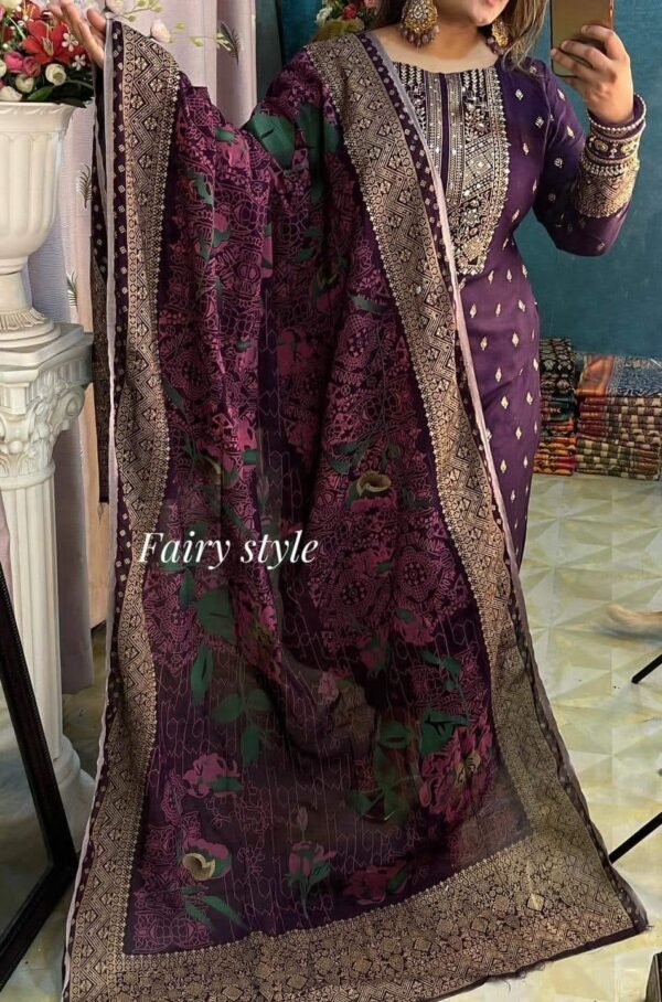Afsan pure cotton three-piece in Koliza with printed orna
