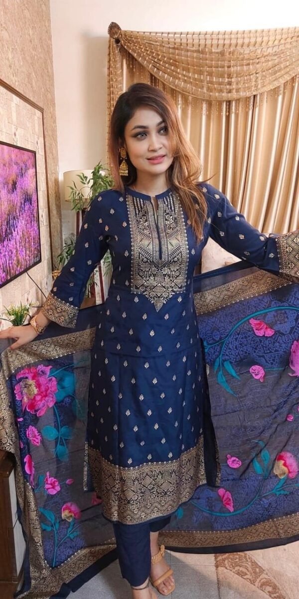 Afsan pure cotton three-piece in Navi Blue
